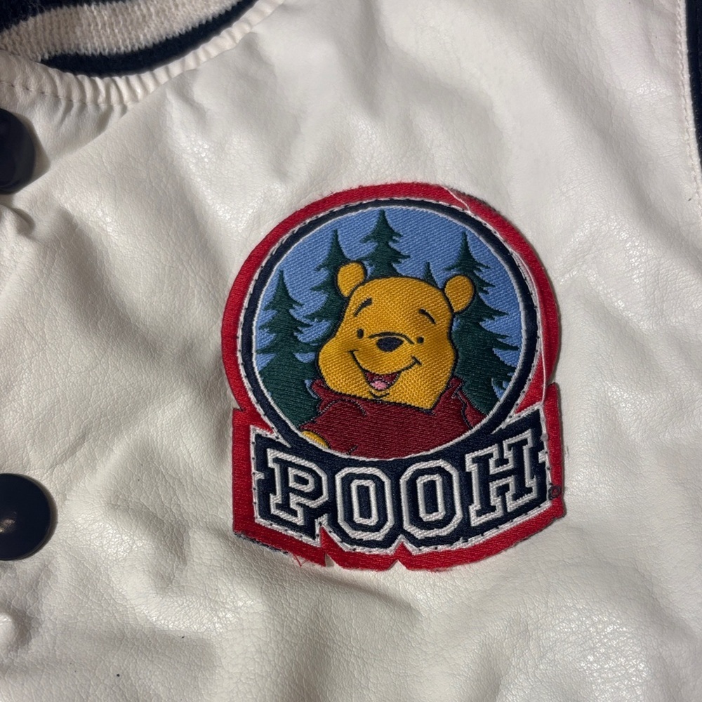 Disney Kids White Bomber Jacket Winnie the Pooh with Red Sleeves and Navy Trim - Picture 4 of 12